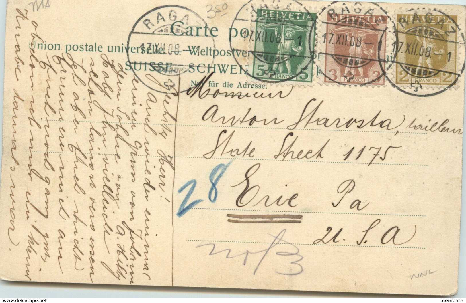 1908 MiNr 95,96,97 Sur Carte Postale Pour Les USA - Cartas & Documentos