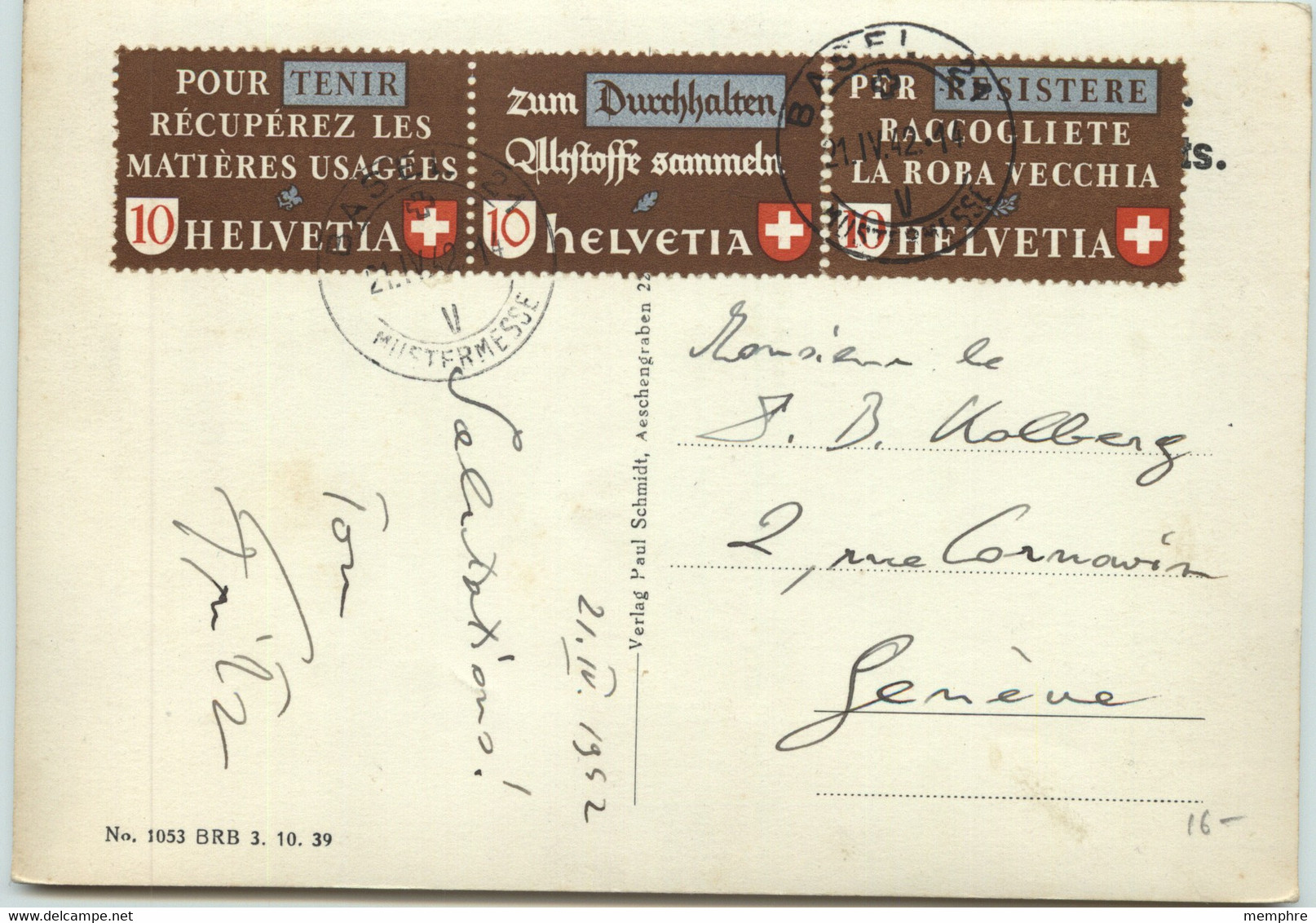 1942   Economie De Guerre Bande De 3 Sur Carte Postale MiNr W  Zd 11  406-405-407 - Brieven En Documenten