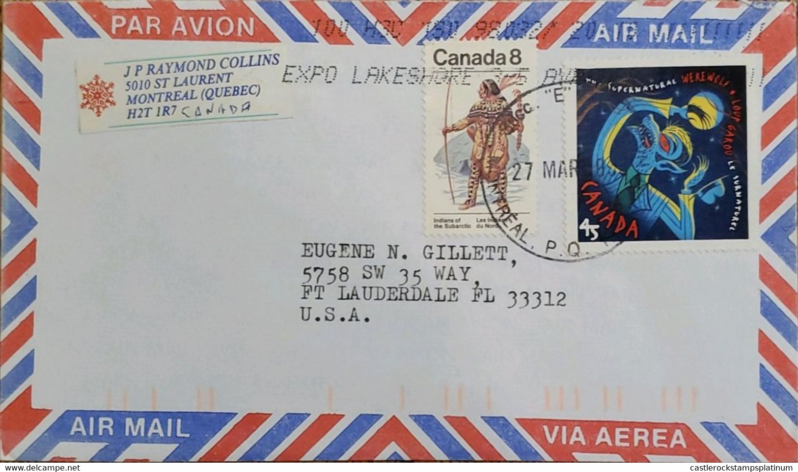 A) 1998, CANADA, SUPERNATURAL BEINGS, FROM MONTREAL TO LAUDERDALE-UNITED STATES, AIRMAIL, SLOGAN CANCELLATION EXPO LAKES - Altri & Non Classificati