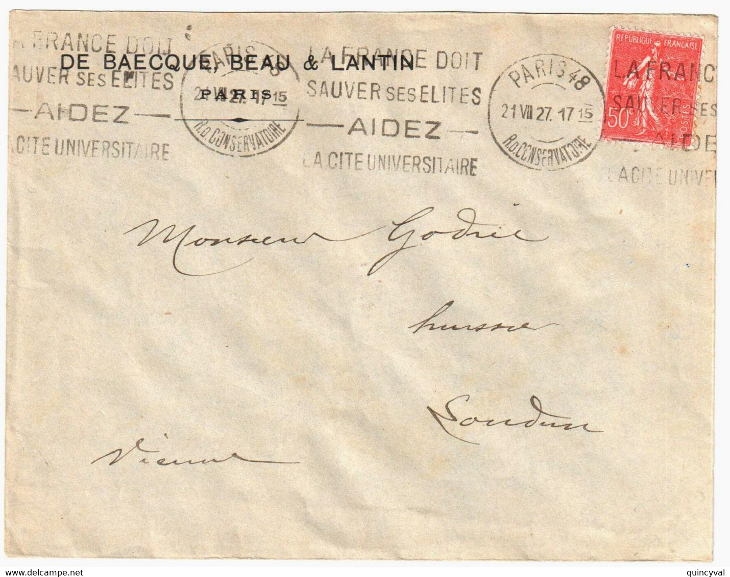 PARIS 48Conservatoire Lettre Entête De Baecque 50c Semeuse Lignée Yv 199 Ob Meca Krag Sauvez Elites Cité Univers B048202 - Oblitérations Mécaniques (Autres)