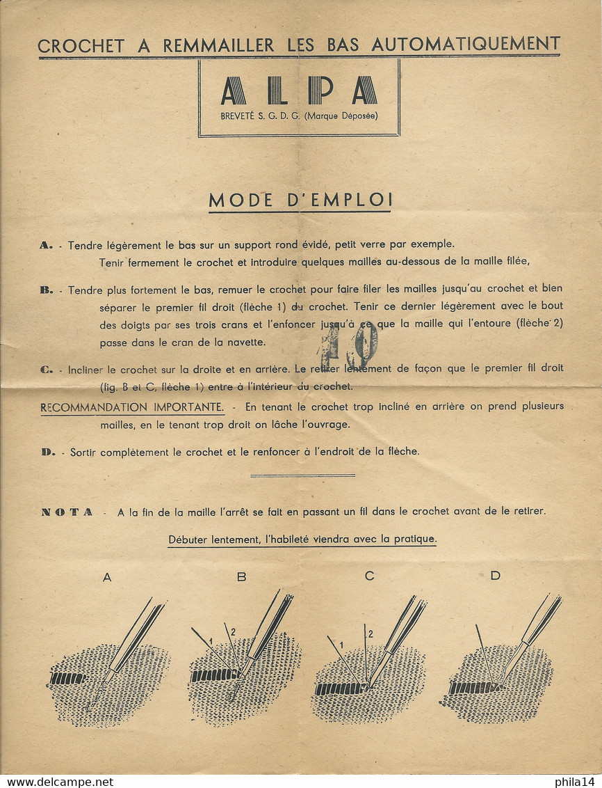 MODE D'EMPLOI DU CROCHET A REMAILLER LES BAS AUTOMATIQUEMENT / ALPA - Matériel Et Accessoires