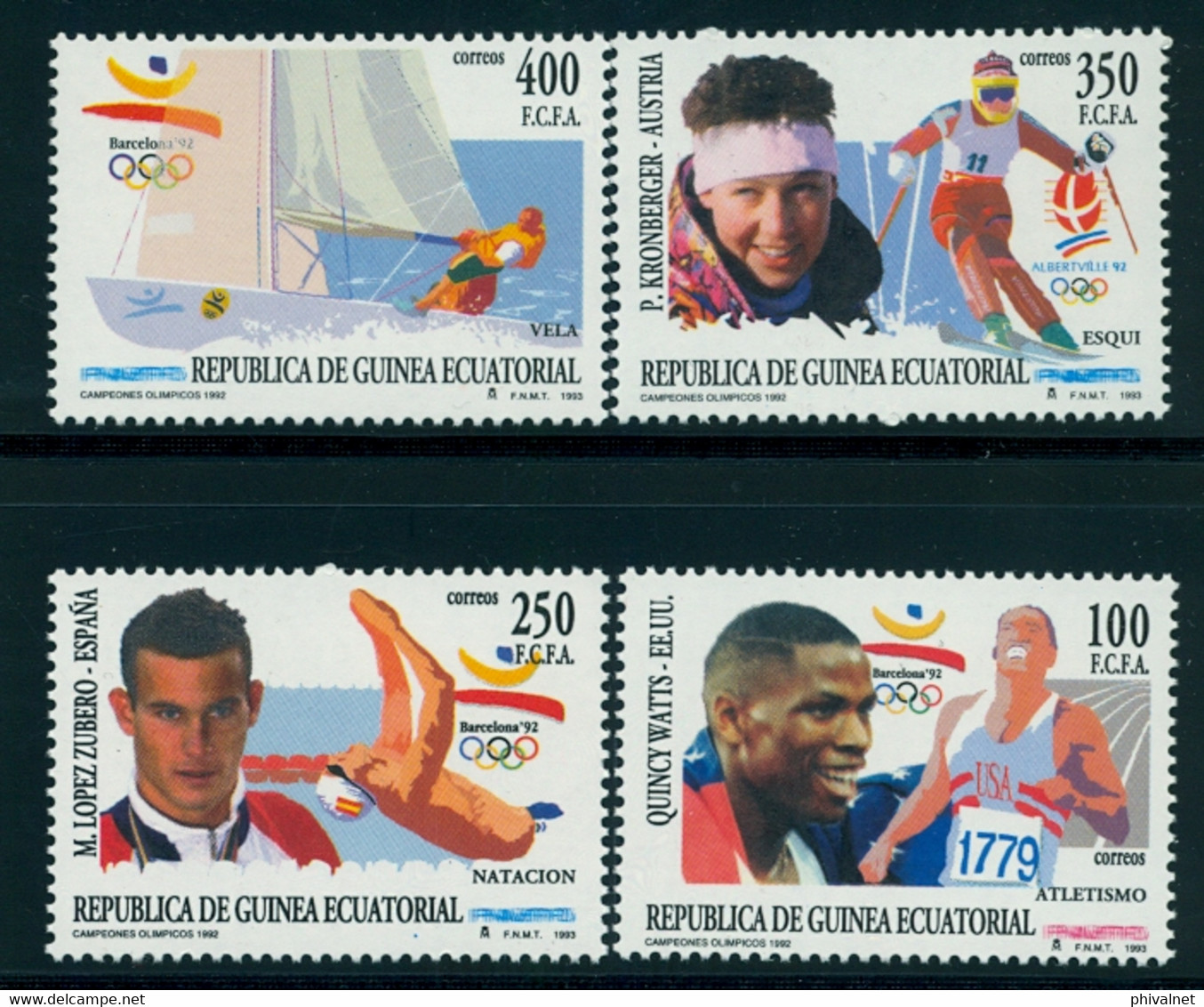 GUINEA ECUATORIAL , ED. 165 / 168 ** , CAMPEONES OLÍMPICOS 1992  , ATLETISMO , NATACIÓN , ESQUI , VELA - Guinée Equatoriale