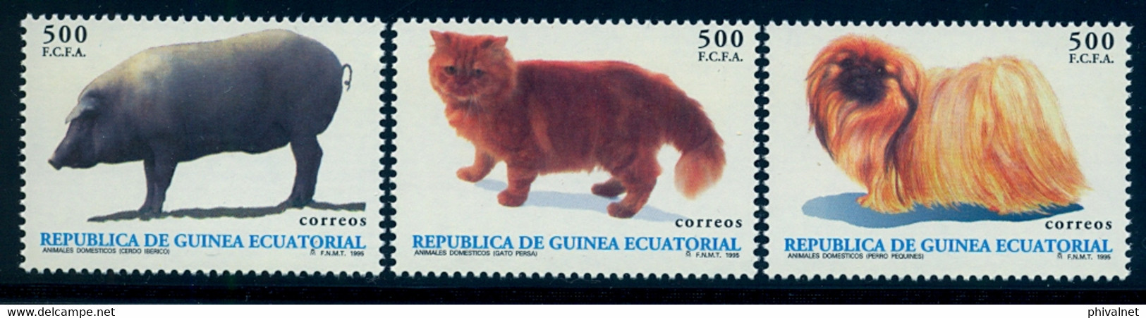 GUINEA ECUATORIAL , ED. 196 / 198 ** , ANIMALES DOMÉSTICOS , GATO PERSA , PERRO PEQUINÉS , CERDO IBÉRICO - Equatoriaal Guinea