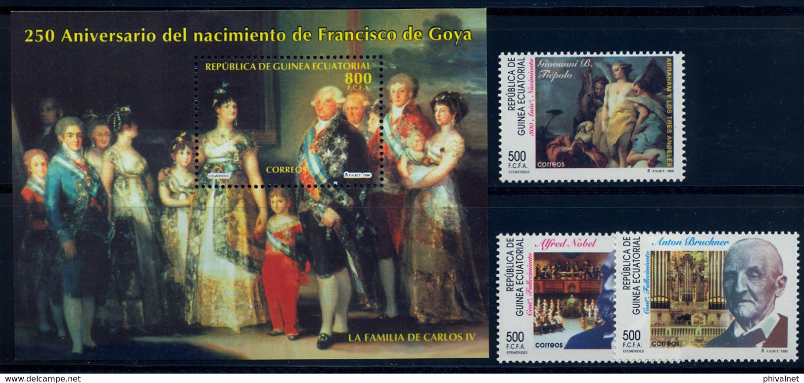 GUINEA ECUATORIAL , ED. 214 / 217 ** , EFEMÉRIDES , ALFRED NOBEL , ANTON BRUCKNER . BATTISTA TIÉPOLO , GOYA - Equatoriaal Guinea