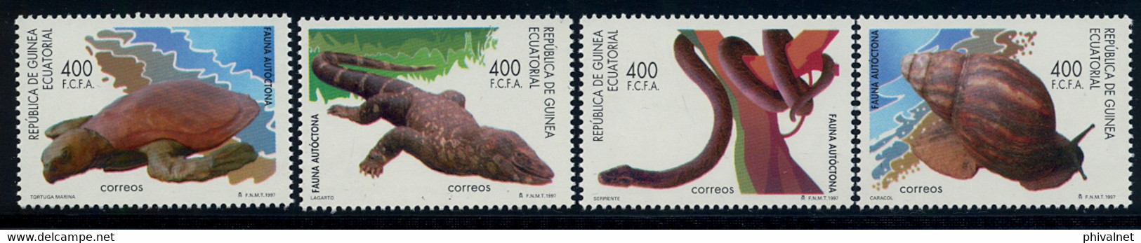 GUINEA ECUATORIAL , ED. 244 / 247 **, FAUNA AUTÓCTONA , LAGARTO , SERPIENTE , GASTERÓPODO , TORTUGA MARINA - Guinea Ecuatorial