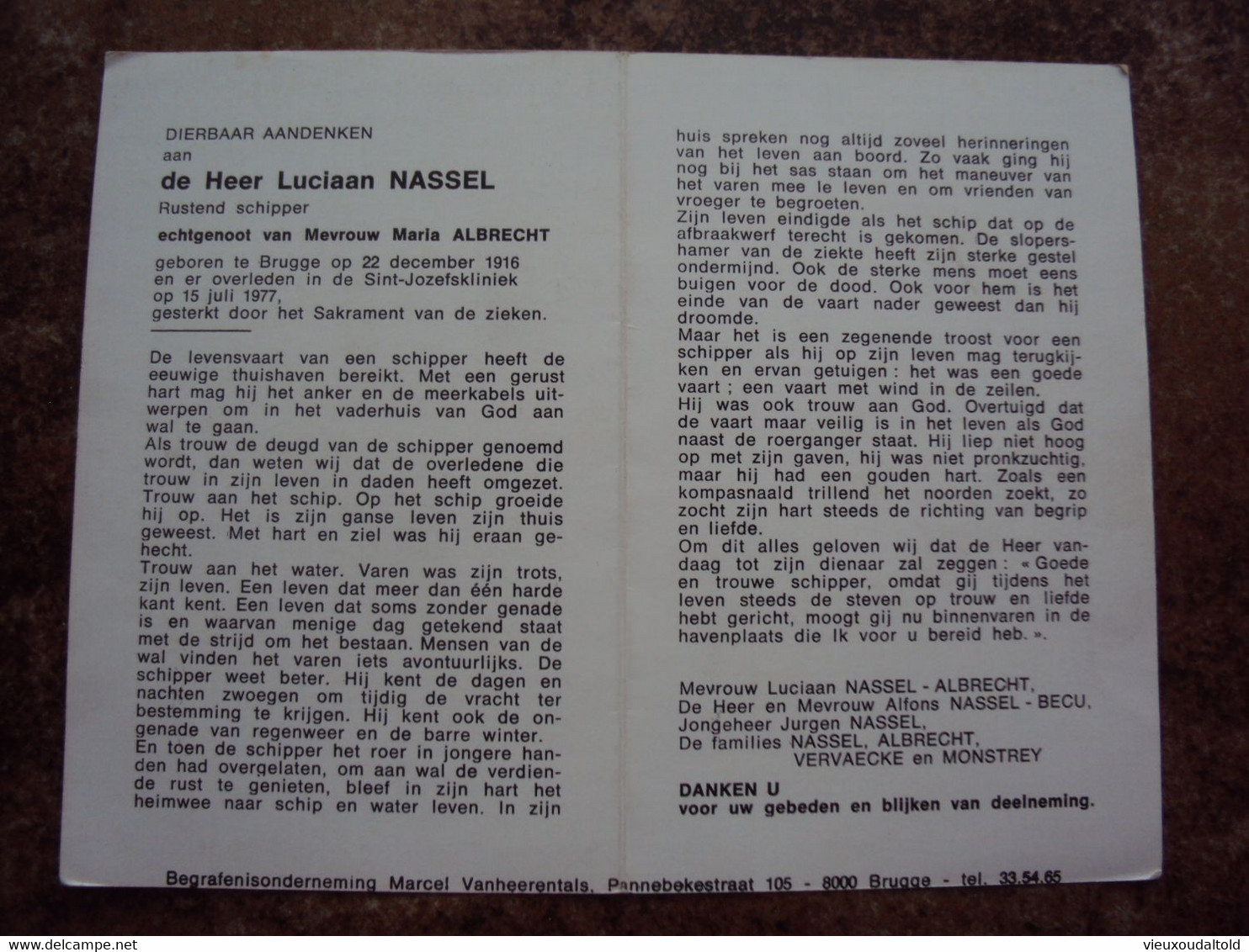 Doodsprentje/Bidprentje  Luciaan NASSEL (Echtg Maria ALBRECHT)Brugge 1916-1977  Rustend Schipper - Religion & Esotericism