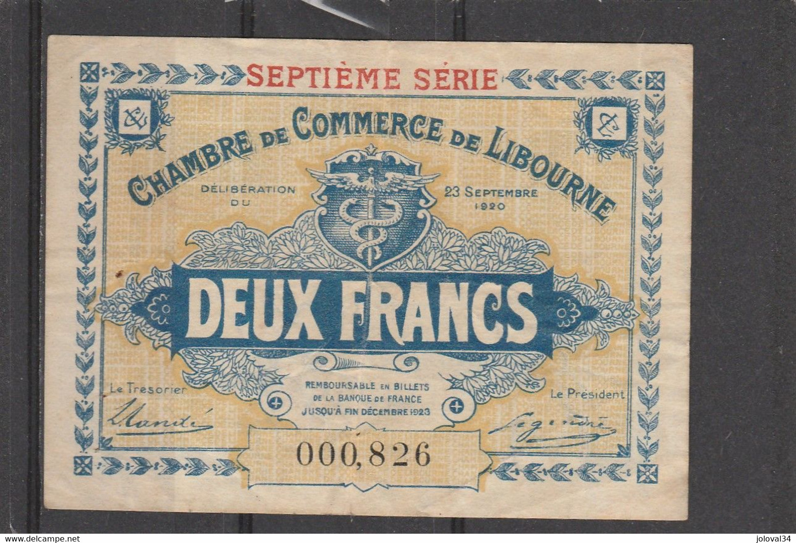 Chambre Commerce LIBOURNE  - Billet Deux Francs - 23/9/1920 - 000826 - En L' état - Camera Di Commercio