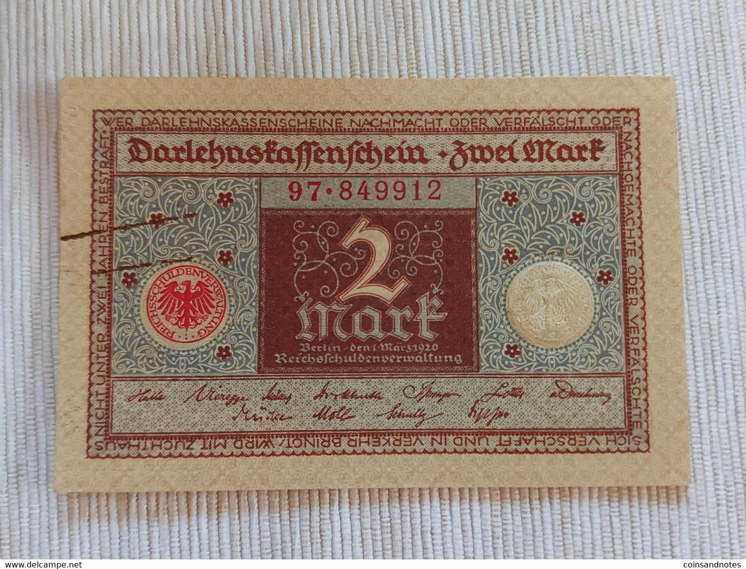 Germany 1920 - 2 Mark - Darlehenskassenschein - Rosenberg 65a - Nr 97.849912 - Very Good Condition - 2 Mark