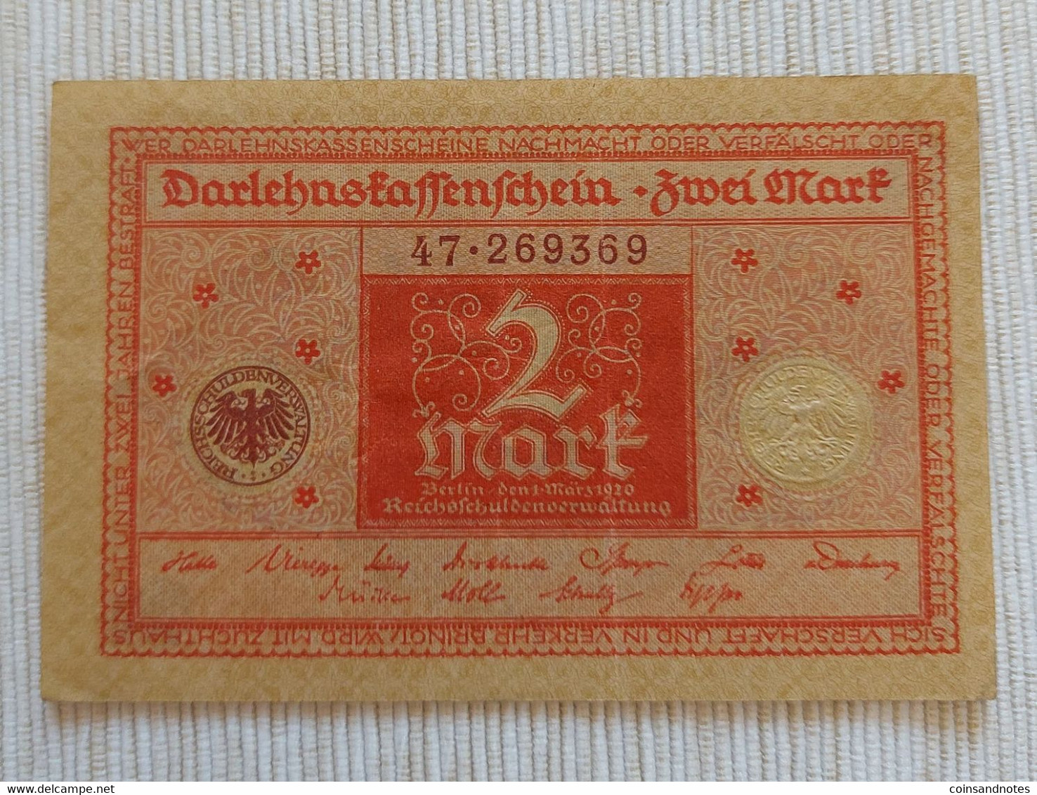 Germany 1920 - 2 Mark - Darlehenskassenschein - Rosenberg 65b - Nr 47.269369 - VVF - 2 Mark