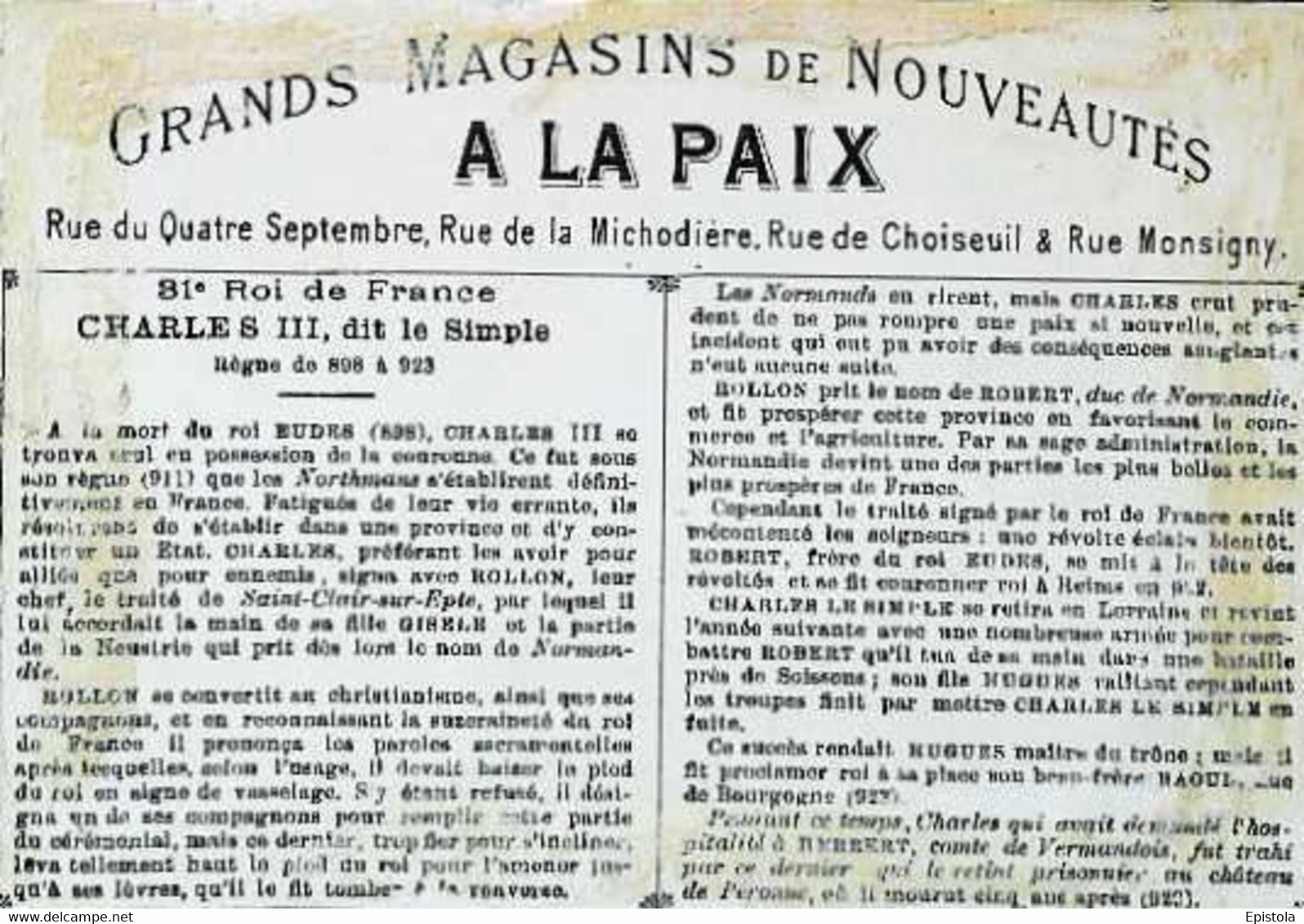 ► Chromo -  Charles III Dit Le Simple Au Château De Péronne  (898-923) Série Roi De France "Grands Magasins A La PAIX" - Autres & Non Classés