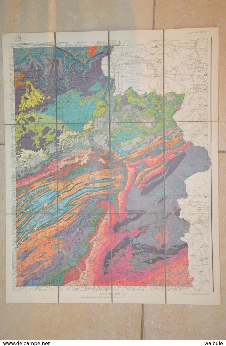 Liège La Calamine Eupen Verviers Tongres Stavelot Spa Durbuy Carte Toilée Géologique 1920 - Carte Geographique