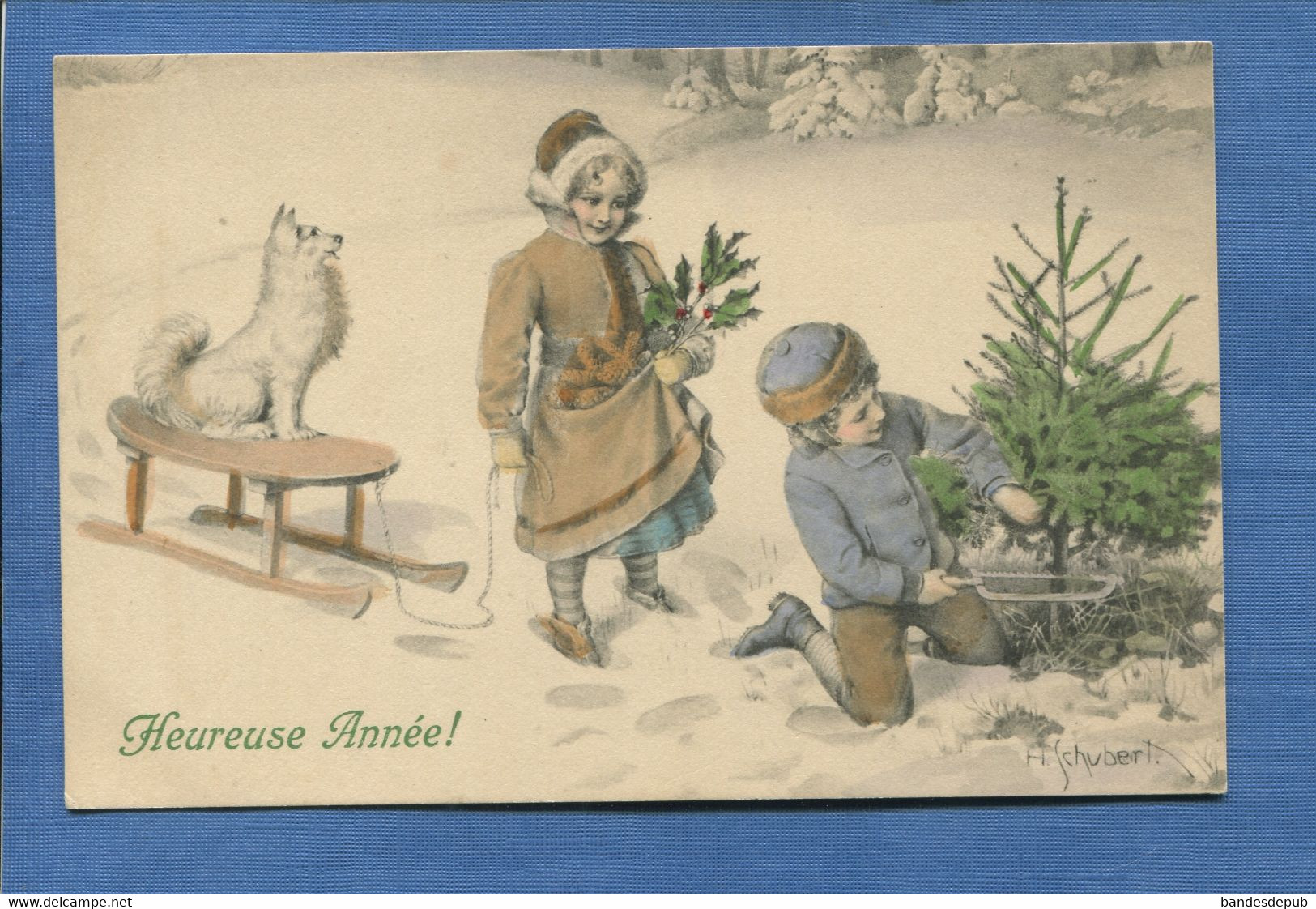 Vienne Viennoise 394 Carte Postale Illustrée SCHUBERT Bonne Année Enfants Luge Houx Sapin Scie Chien - Schubert