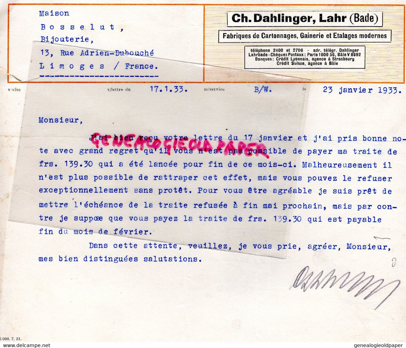 ALLEMAGNE- LAHR- LETTRE CH. DAHLINGER -FABRIQUE CARTONNAGES GAINERIE -BOSSELU BIJOUTERIE LIMOGES-1933 - Straßenhandel Und Kleingewerbe