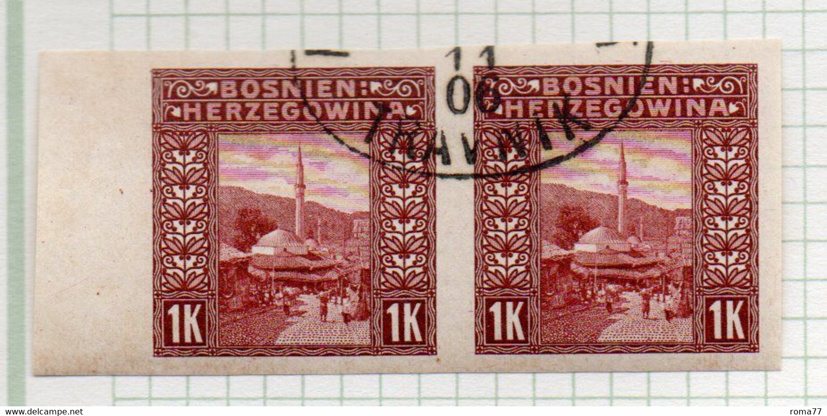 37CRT888 - BOSNIA ERZEGOVINA 1906 , 1 Kr Usato COPPIAA NON DENTELLATA (CRT) - Bosnië En Herzegovina