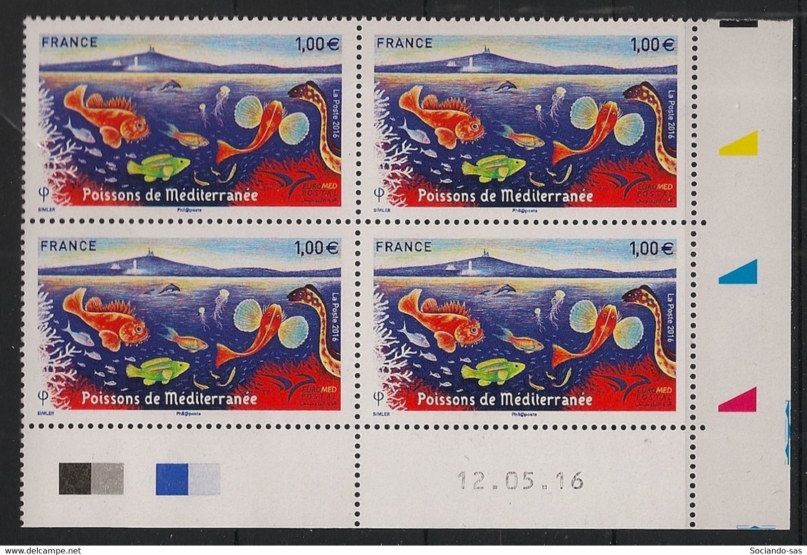 France - 2016 - N° Yv. 5077 - Euromed / Poissons - Bloc De 4 Coin Daté - Neuf Luxe ** / MNH / Postfrisch - 2010-2019