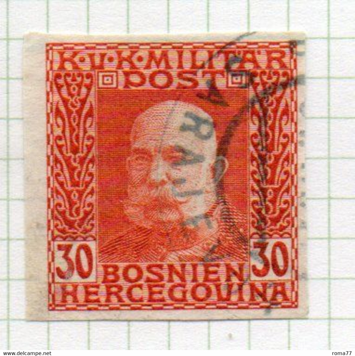 37CRT903 - BOSNIA ERZEGOVINA 1912 , 30 H. Usato IMPERFORATED NON DENTELLATO (CRT) - Bosnië En Herzegovina