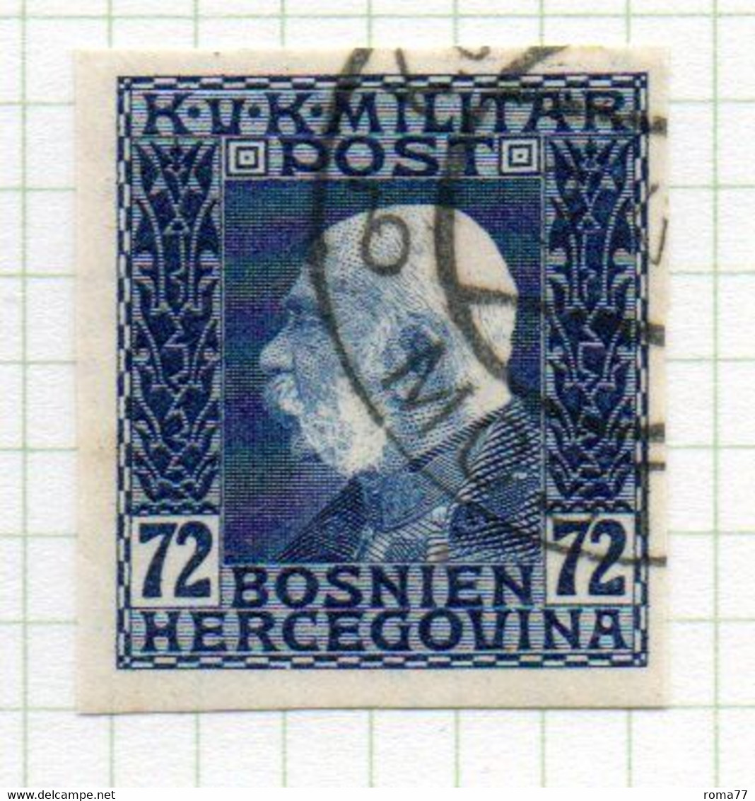 37CRT909 - BOSNIA ERZEGOVINA 1912 , 72 H. Usato IMPERFORATED NON DENTELLATO (CRT) - Bosnië En Herzegovina