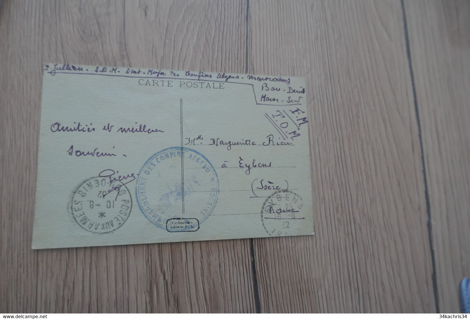 Sur CPA UnOued Du Sud Grand Cachet Bleu Commandement Des Confinés Algéro Marocains 1932 - Military Postmarks From 1900 (out Of Wars Periods)