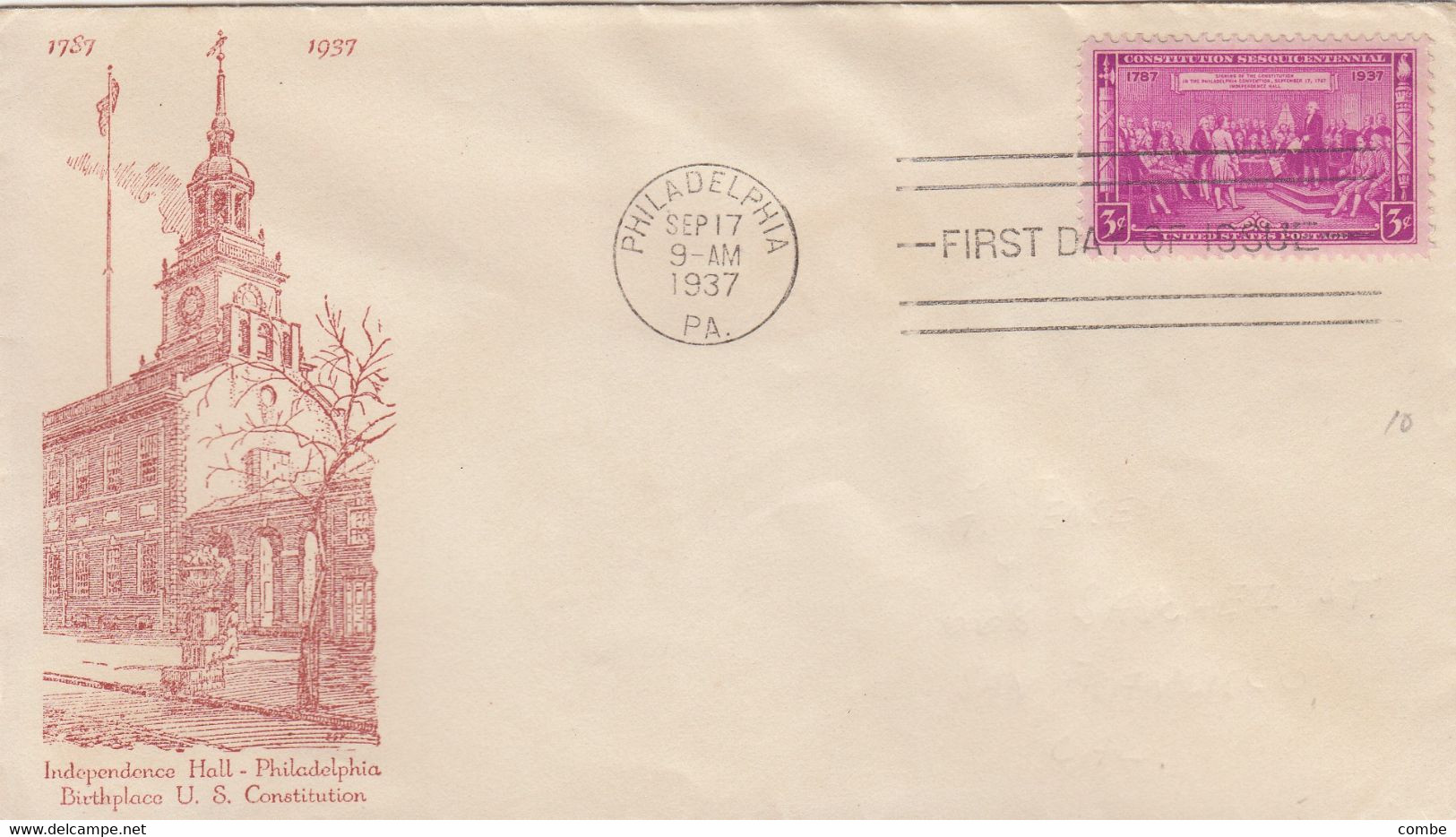 COVER. US. FDC. 17 SEPT 37.  INDEPENDENCE HALL. PHILADELPHIA - 1851-1940