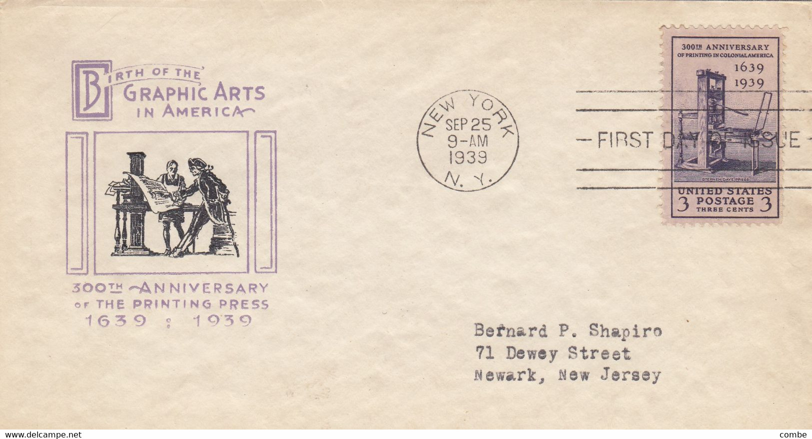 COVER. US. FDC. 25 SEP 39. BIRTH OF THE GRAPHIC ARTS IN AMERICA. NEW YORK - 1851-1940