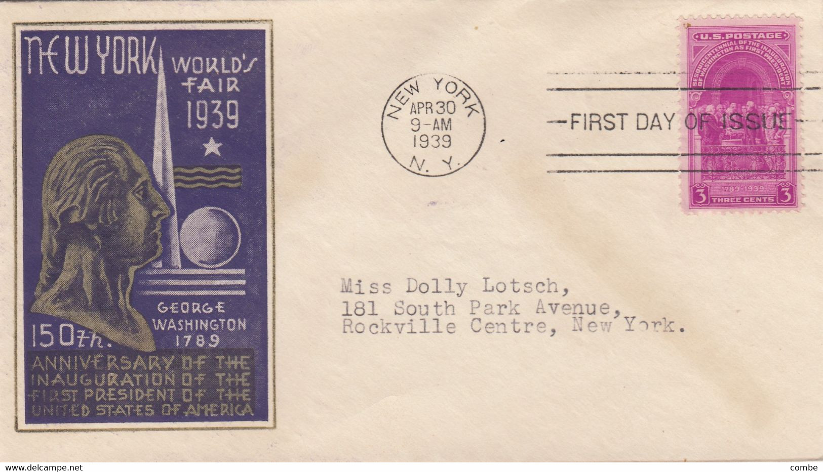 COVER. US. FDC. 1 APR 39.  NEW YORK WORLD'S FAIR 1939 - 1851-1940