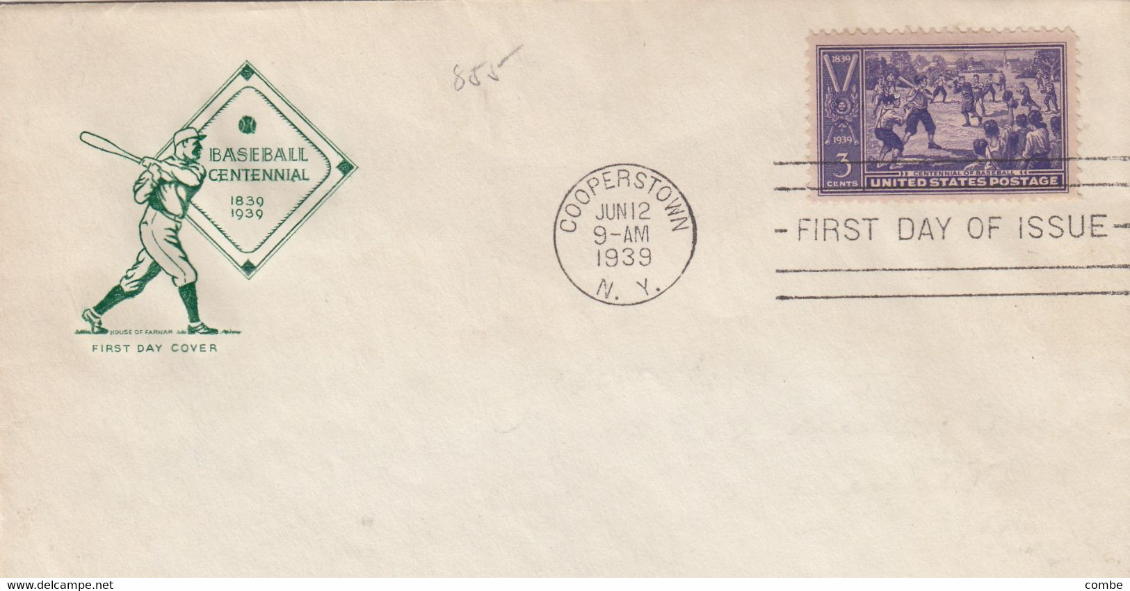 COVER. US. FDC. 12 JUN 39. BASEBALL CENTENNIAL. COOPERSTOWN - 1851-1940