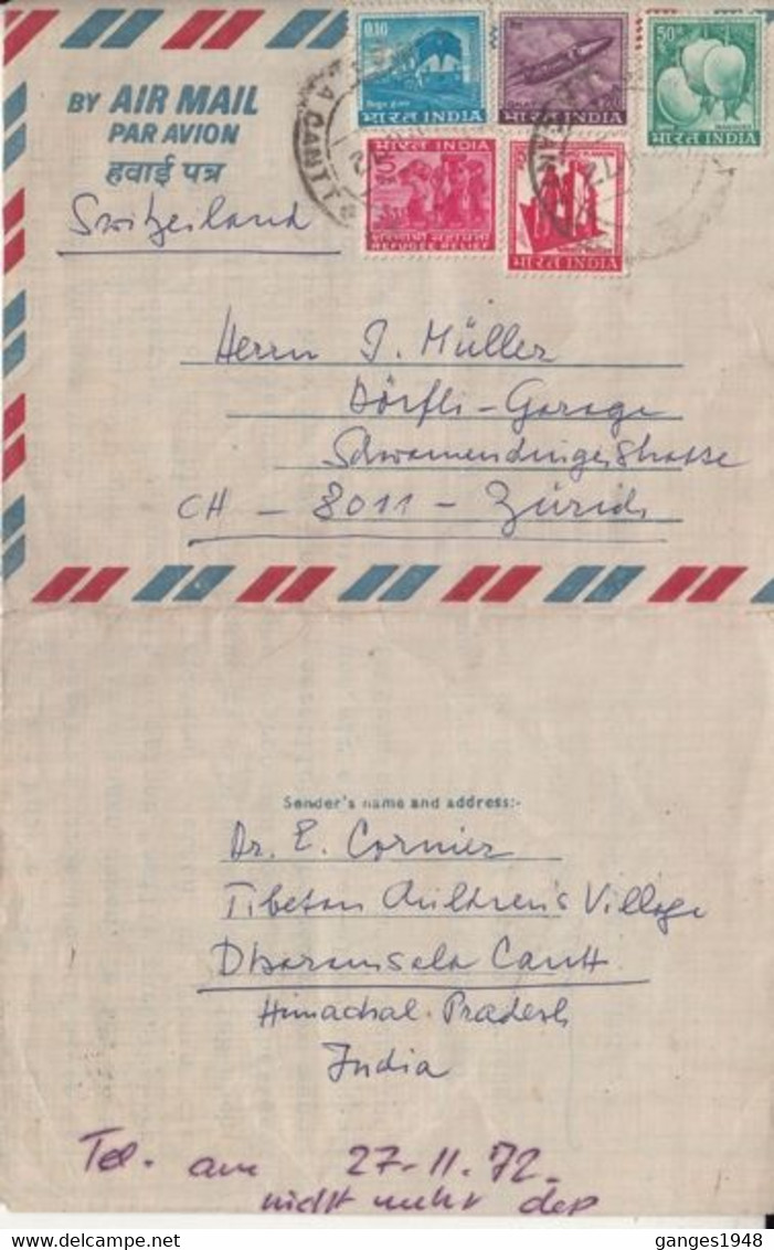 India  1972  Private Illustrated Air Mil Aerogram With Refugee Relief Dharamsala To Switzerland #  32957  D  Inde Indien - Inland Letter Cards