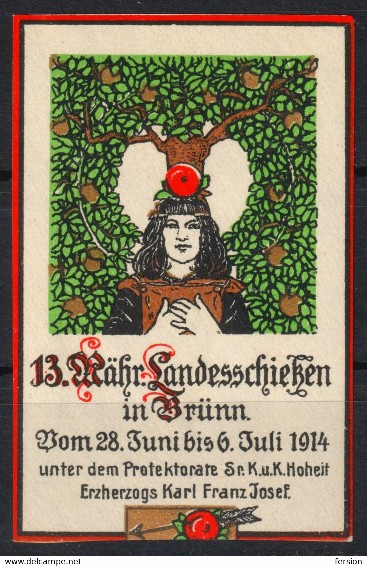 APPLE Fruit Tree Wilhelm Tell Switzerland EXPO Brünn Brno Czechia 1914 Austria KuK Bohemia Cinderella Label Vignette - Other & Unclassified