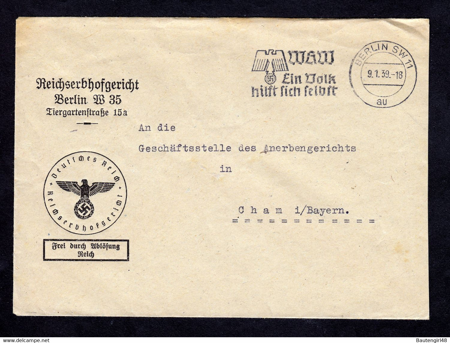 DR Brief Freistempel BERLIN SW 11 - Cham - 9.1.39  WHW Ein Volk Hilft Sich Selbst - Covers & Documents