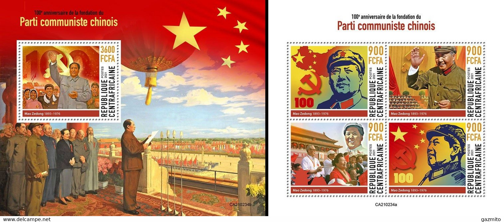 Centrafrica 2021, 100th Chine Comuniste Party, Mao, 4val In BF +BF - Mao Tse-Tung