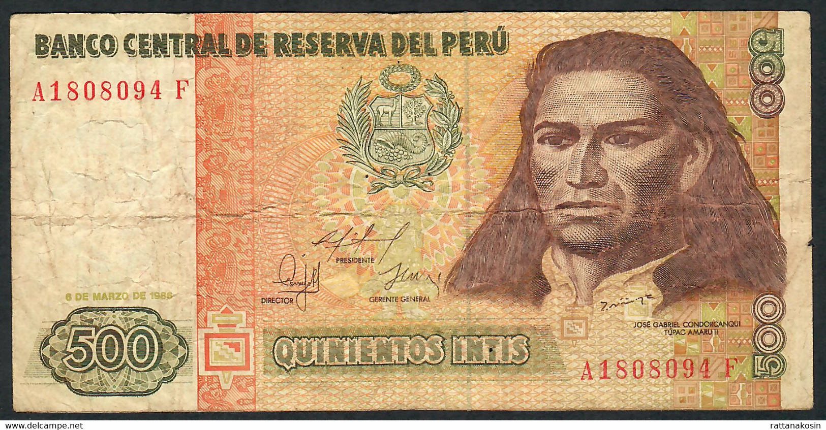 PERU P135 500 INTIS 1.3.1986 #A/F  RARE DATE  FINE Have Less Than 10 P.h. - Peru