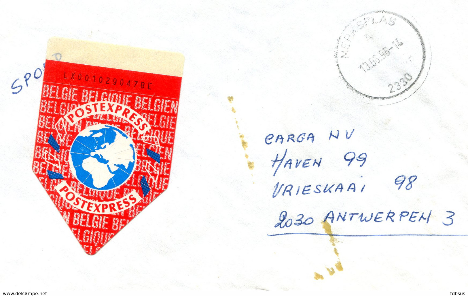 1996 POSTEXPRESS Vignet Op Enveloppe Merksplas 4 Naar Antwerpen - Met Ak Stempel AntwerpenE-C 1 - Covers & Documents