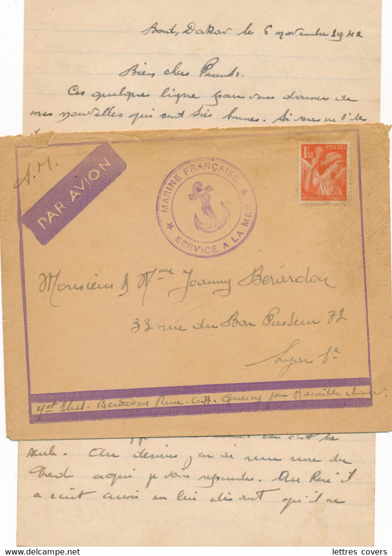 DAKAR 1942 Lettre FM  CROISEUR AUXILIAIRE QUERCY - IRIS 1f50 SEUL - TARIF AVION MARINS EMBARQUÉS - Par Marseile Etranger - WW II