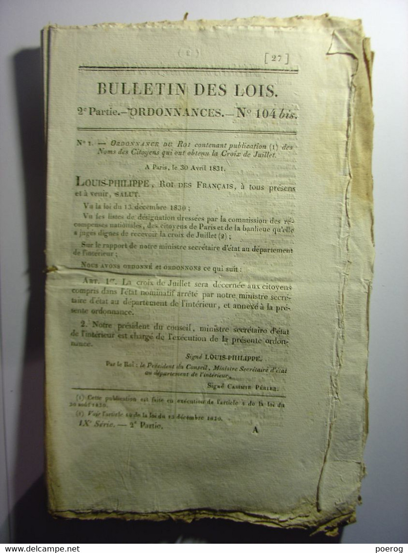 BULLETIN DES LOIS De 1831 - CROIX ET MEDAILLES DE JUILLET LISTE COMPLETE - REVOLUTION DES 27 28 Et 29 JUILLET Généalogie - Decretos & Leyes
