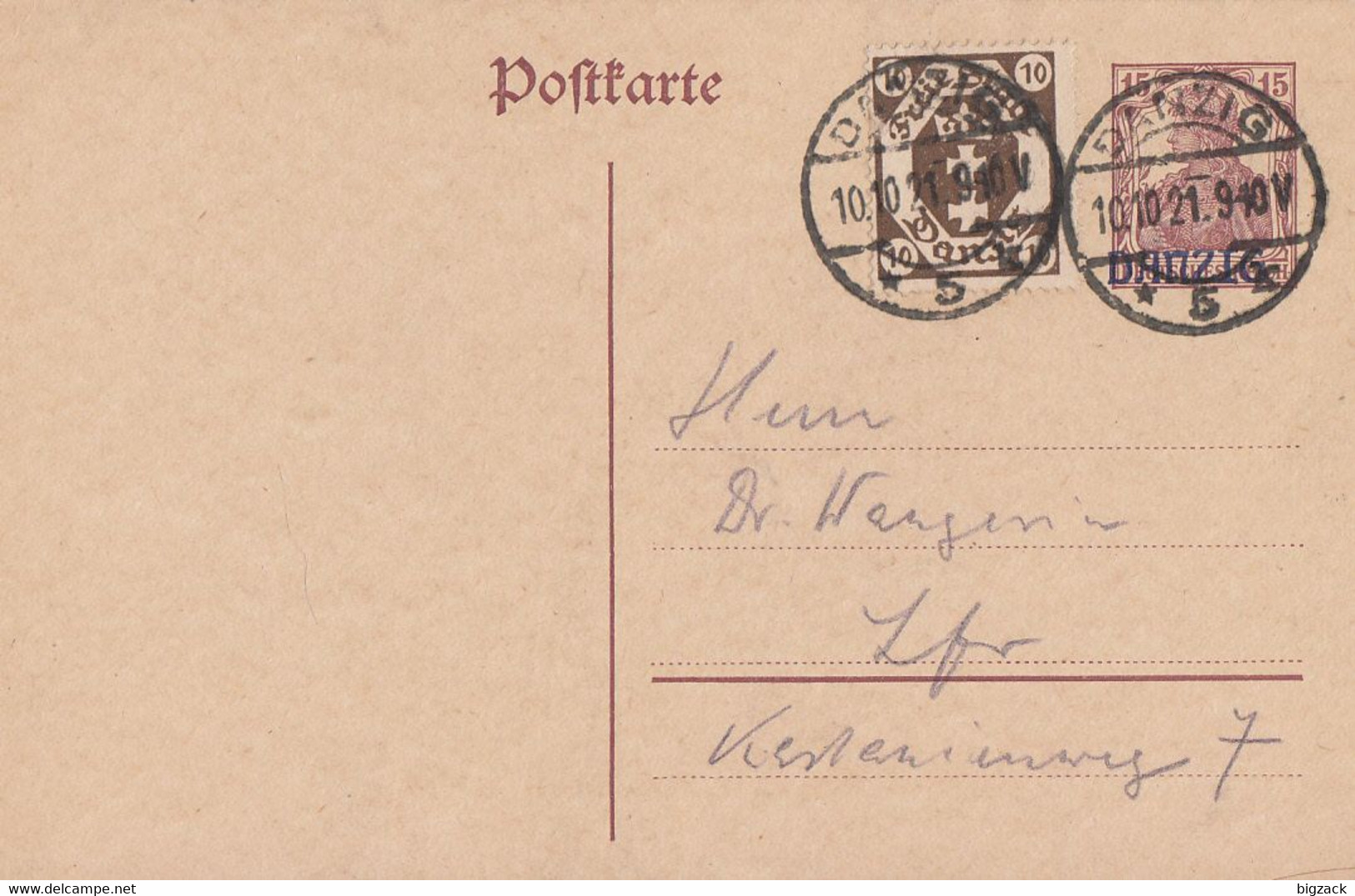 Danzig Ganzsache Minr.P2 Zfr. Minr.74 Danzig 10.10.21 - Enteros Postales