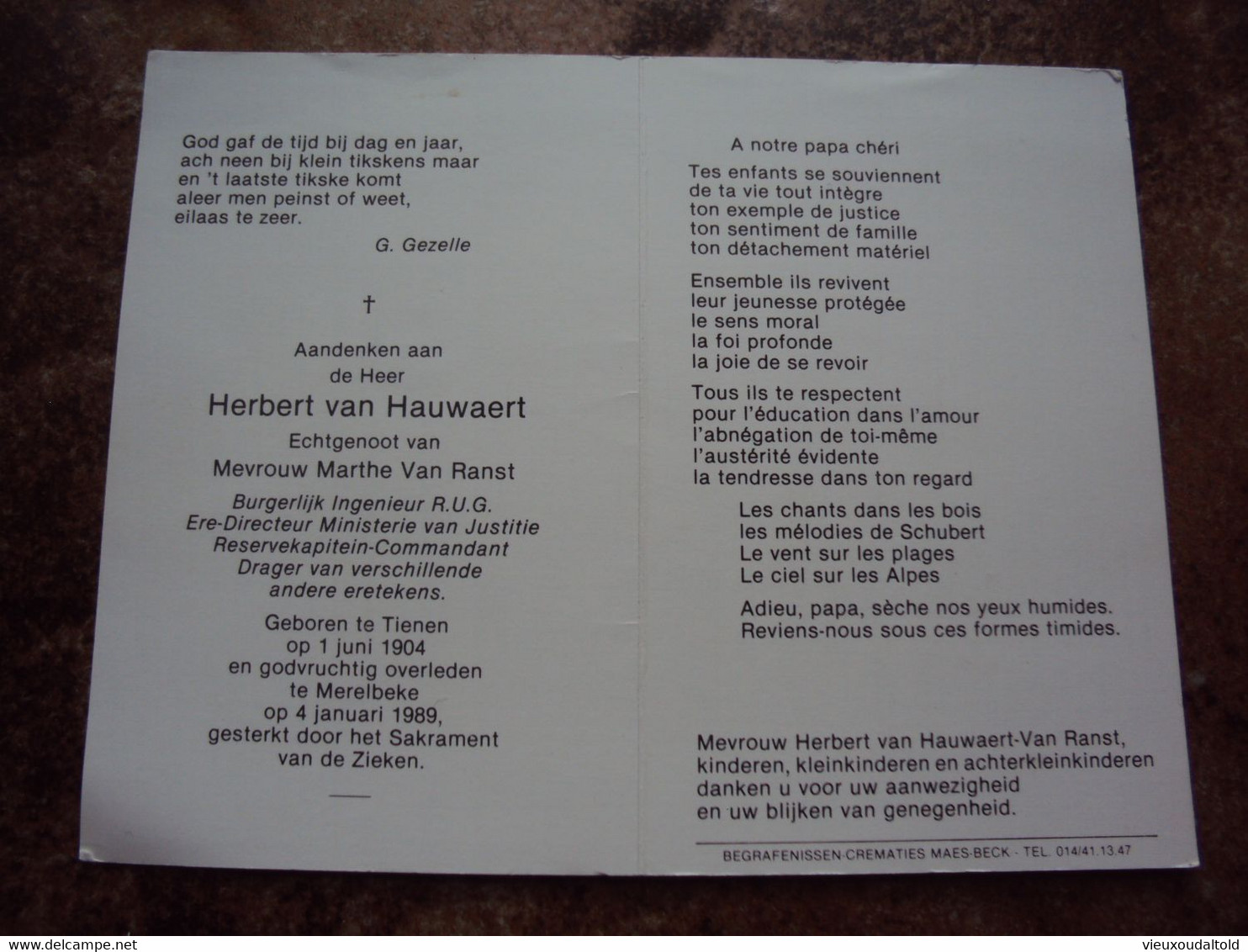 Doodsprentje/Bidprentje  Herbert Van Hauwaert(Echtg M.Van Ranst) Tienen 1904-1989 Merelbeke  Ere-Direct. Min/Burg Ir RUG - Religione & Esoterismo