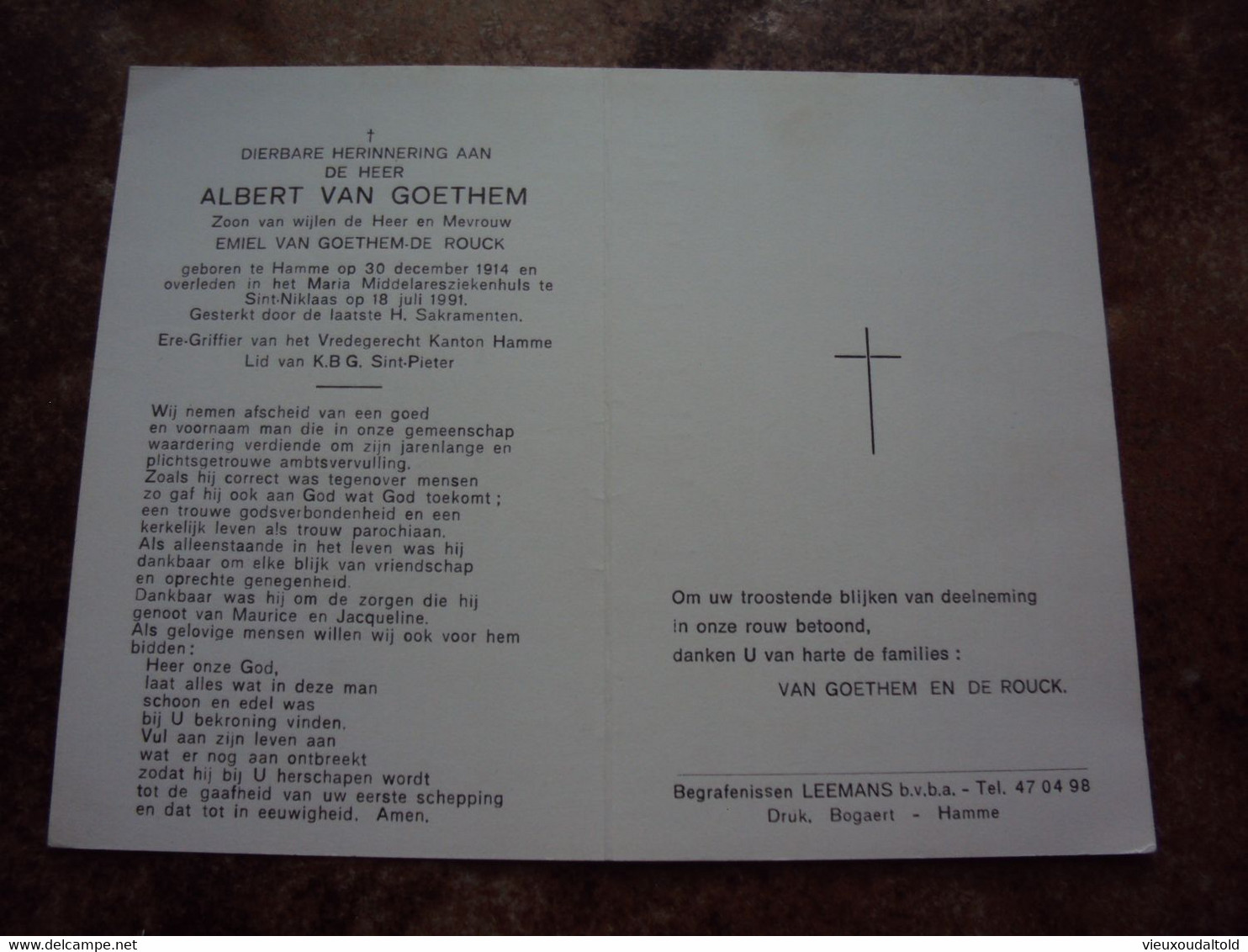 Doodsprentje/Bidprentje  ALBERT VAN GOETHEM  Hamme1914-1991 St Niklaas  Ere-Griffier Vredegerecht Hamme - Religione & Esoterismo