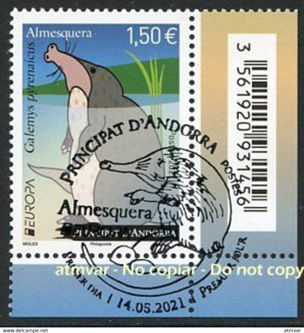 ANDORRA / ANDORRE (2021) - EUROPA Almesquera, Desmán Ibérico, Galemys Pyrenaicus, Rat-trompette, Endangered Fauna - FD - Used Stamps