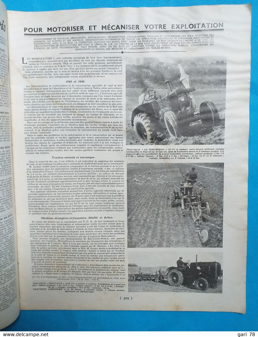 VIE à La CAMPAGNE N° 468 Octobre 1949 Motorisation Et Mécanisation  1950 - Garten