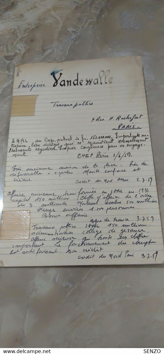 ENQUETTE DE MORALITÉ POUR DEMANDE D'UN PRET-CNEP  -ENTREPRISE VANDESSALLE (TRAVAUX PUBLICS)PARIS - Bank & Insurance