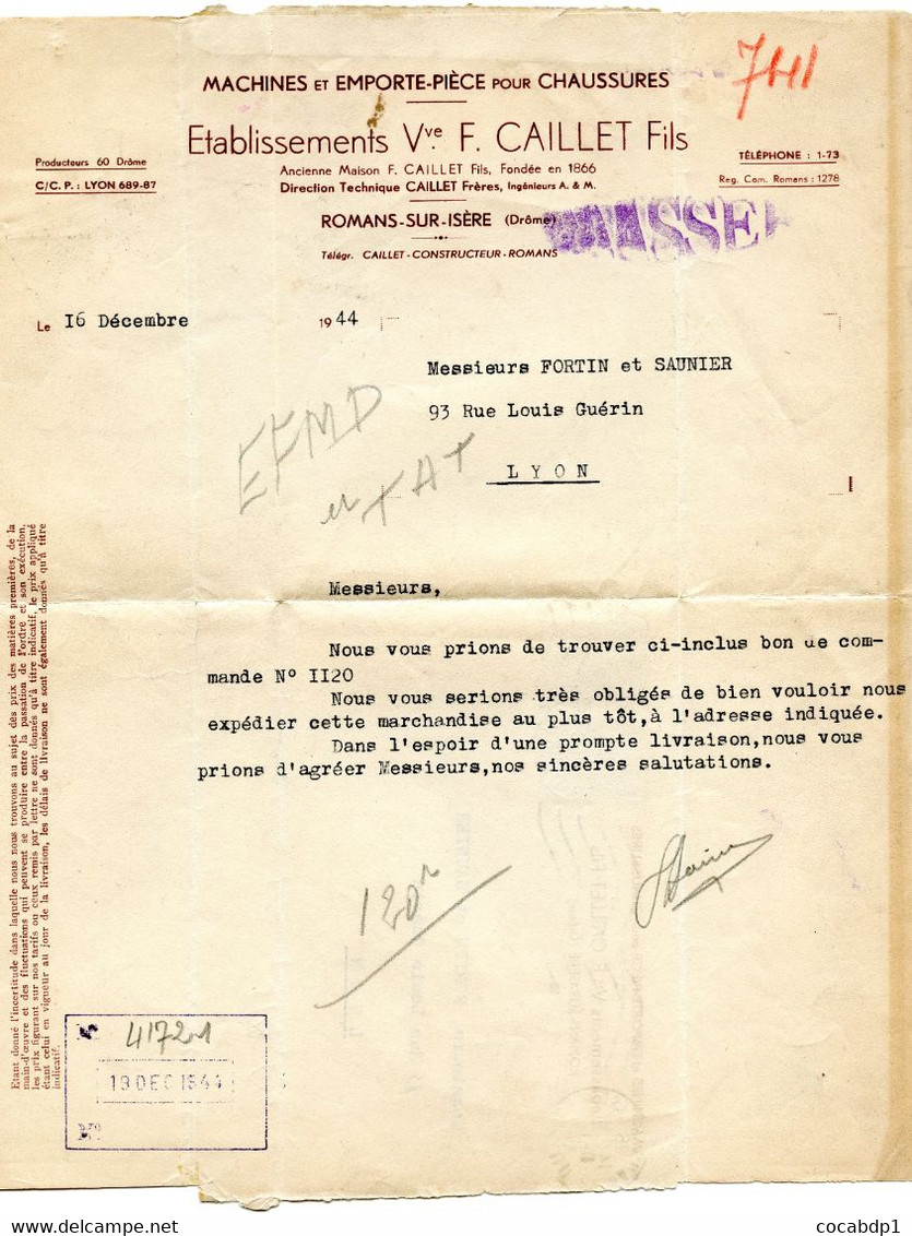 DROME - ROMANS - DECEMBRE 1944 - LETTRE ENTETE ETABLISSEMENTS CAILLET FILS - CHAUSSURES - Altri & Non Classificati