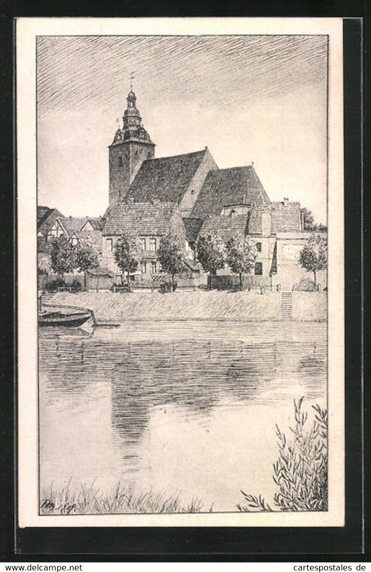 Künstler-AK Havelberg, St. Laurentiuskirche Mit Havel - Havelberg