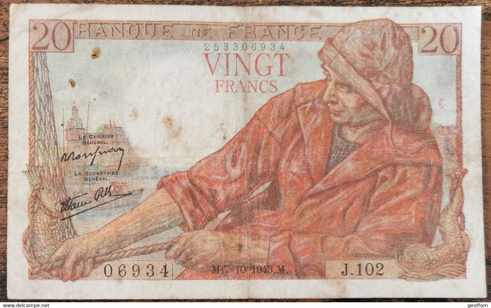 Billet 20 Francs PÊCHEUR 7 - 10 - 1943 FRANCE J.102 - 20 F 1942-1950 ''Pêcheur''