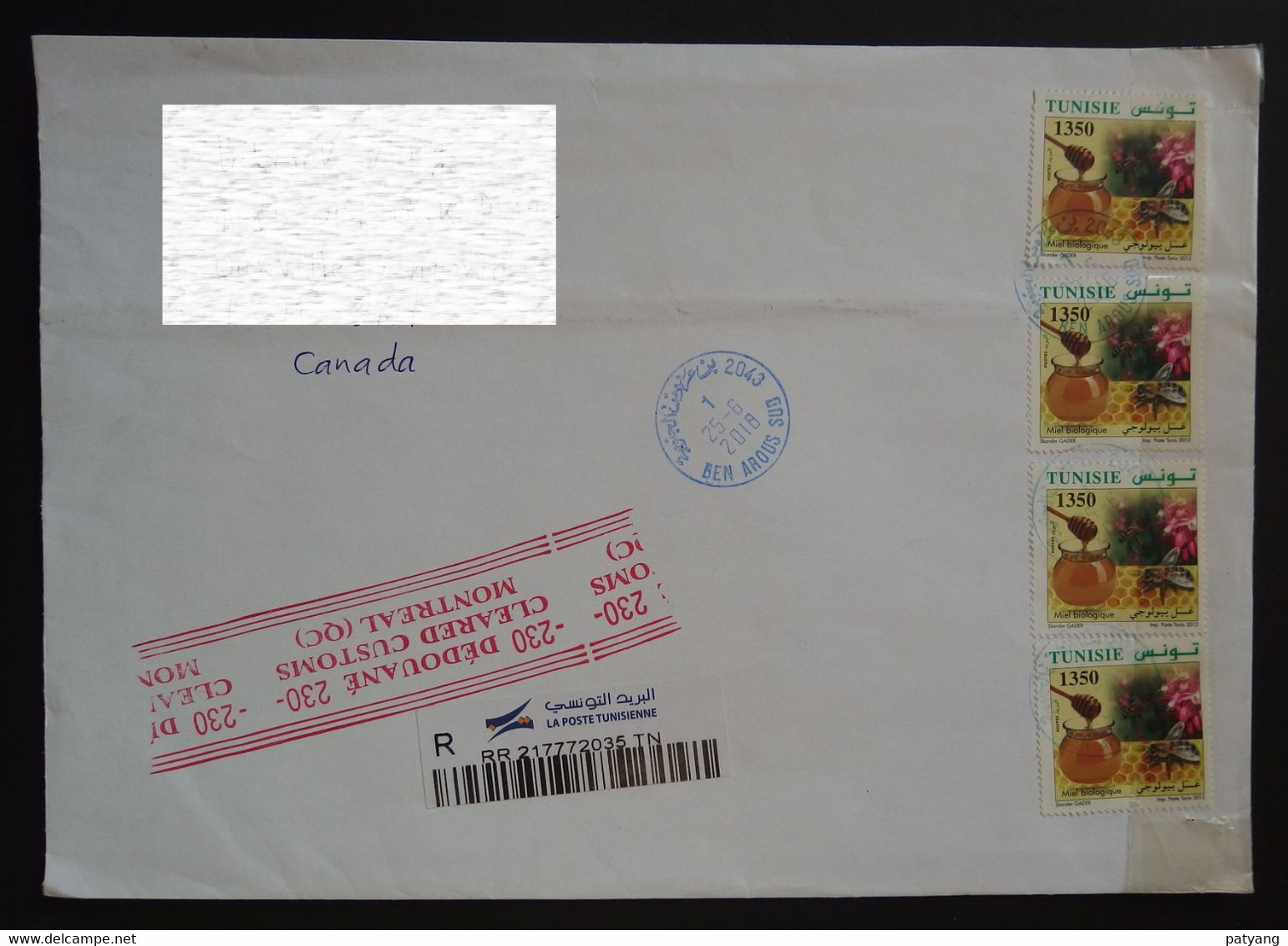 2018 Tunisia To Canada R-cover (customs Censored) - Tunesië (1956-...)