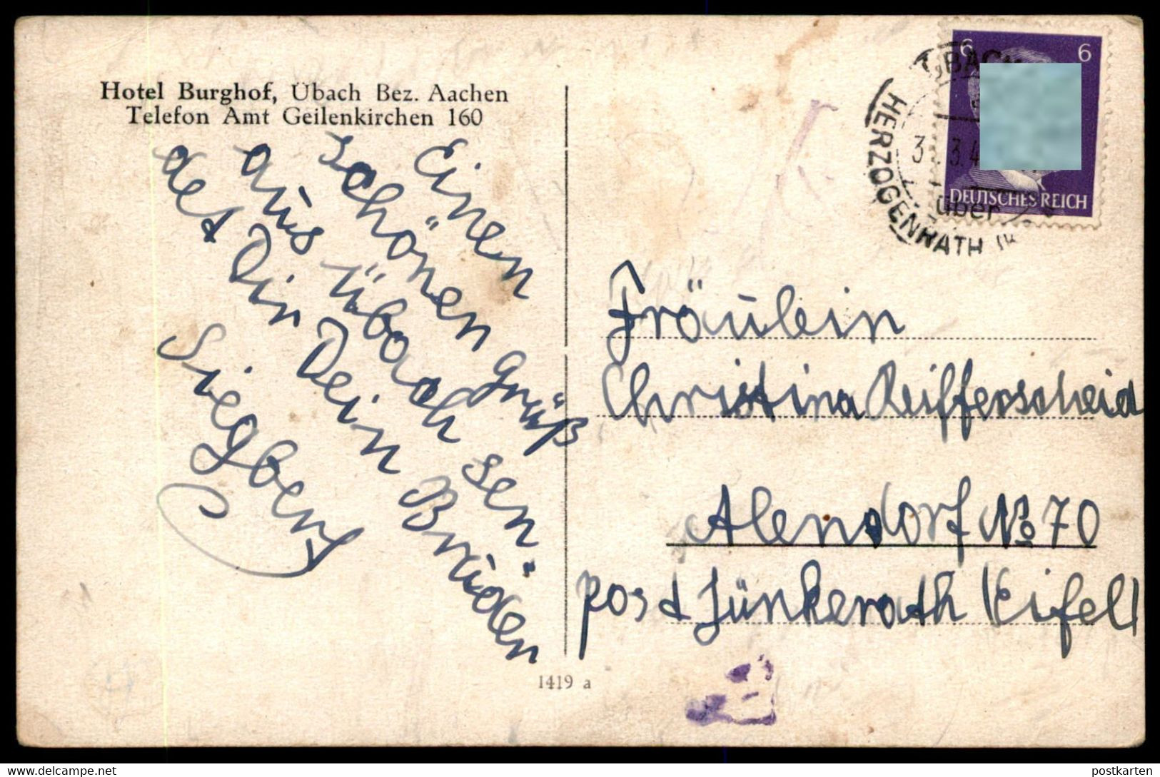 ALTE POSTKARTE ÜBACH PALENBERG MIT HOTEL BURGHOF 1943 TELEFON AMT GEILENKIRCHEN Ansichtskarte AK Cpa Postcard - Übach-Palenberg