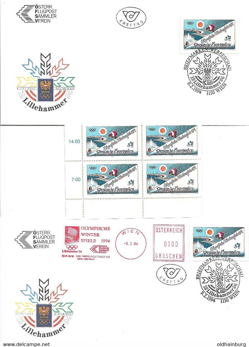 1455i: Beleglot Österreich- Spezialsammlung Olympia 1994 Lillehammer, "Austriaca", Mit ** Viererblock, 2 Scans - Plaatfouten En Curiosa