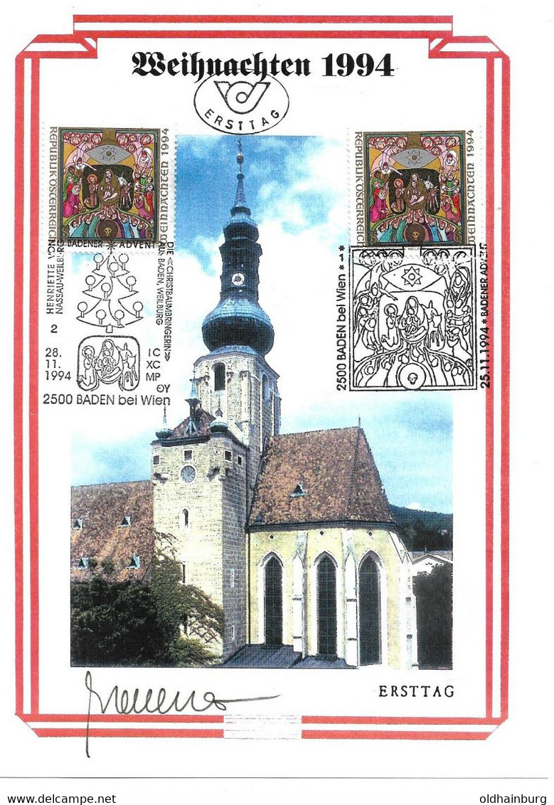 1455m: Heimatsammler 2500 Baden, Zwei De Luxe- Weihnachtsbelege/ Gedenkblätter 1994 (2 Scans) - Baden Bei Wien