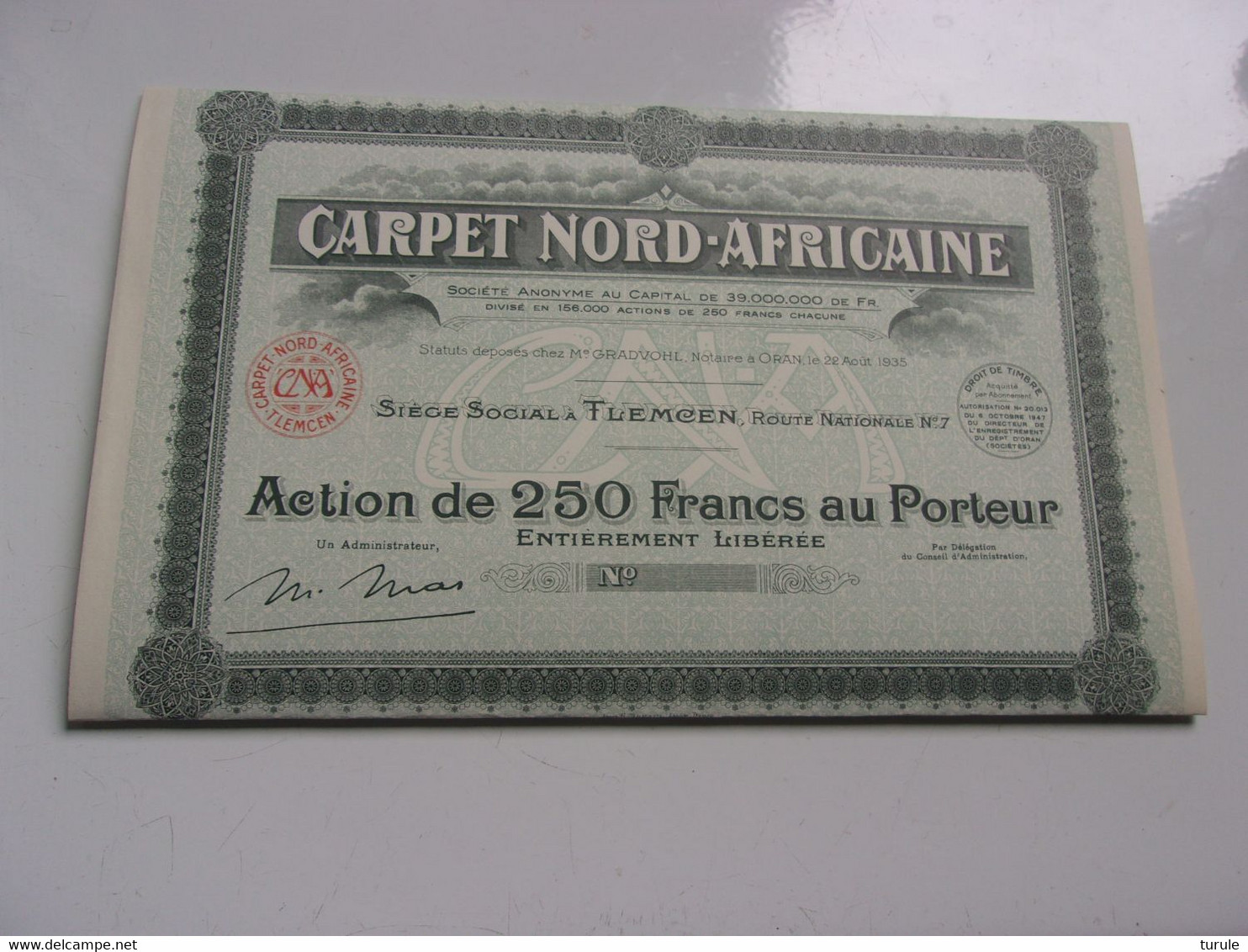 CARPET NORD-AFRICAINE (250 Francs) TLEMCEN ALGERIE (1947) - Andere & Zonder Classificatie