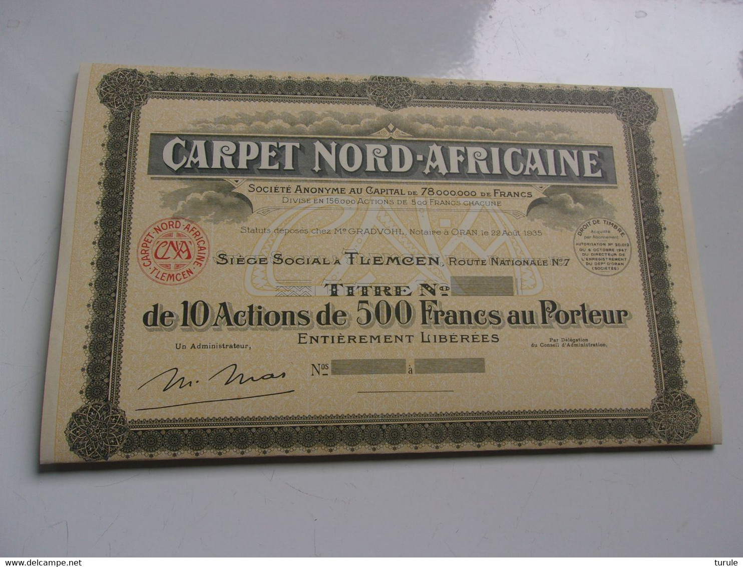 CARPET NORD-AFRICAINE (titre De 10 Actions De 500 Francs) TLEMCEN ALGERIE (1947) - Other & Unclassified