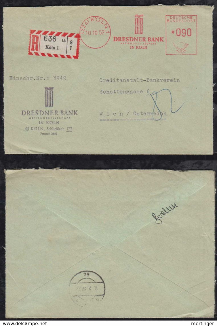 BRD Bund 1957 90Pf Einschreiben Brief AFS Meter Freistempler DRESDNER Bank Köln Nach Wien Austria - Storia Postale